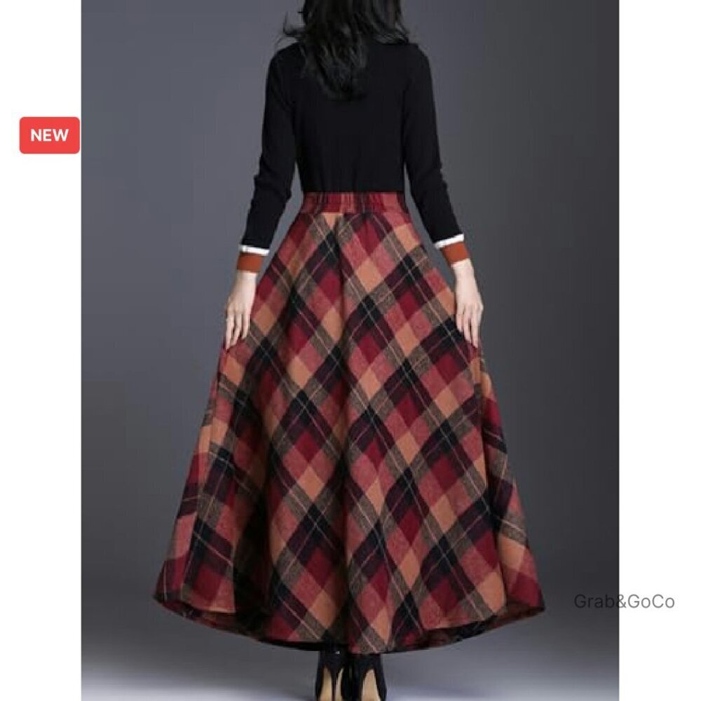 Wool Plaid A-Line Skirt Elegant Vintage Warm Elastic Waist Maxi Winter - Picture 4 of 4